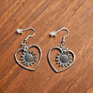 Silver Heart Sunflower Earrings